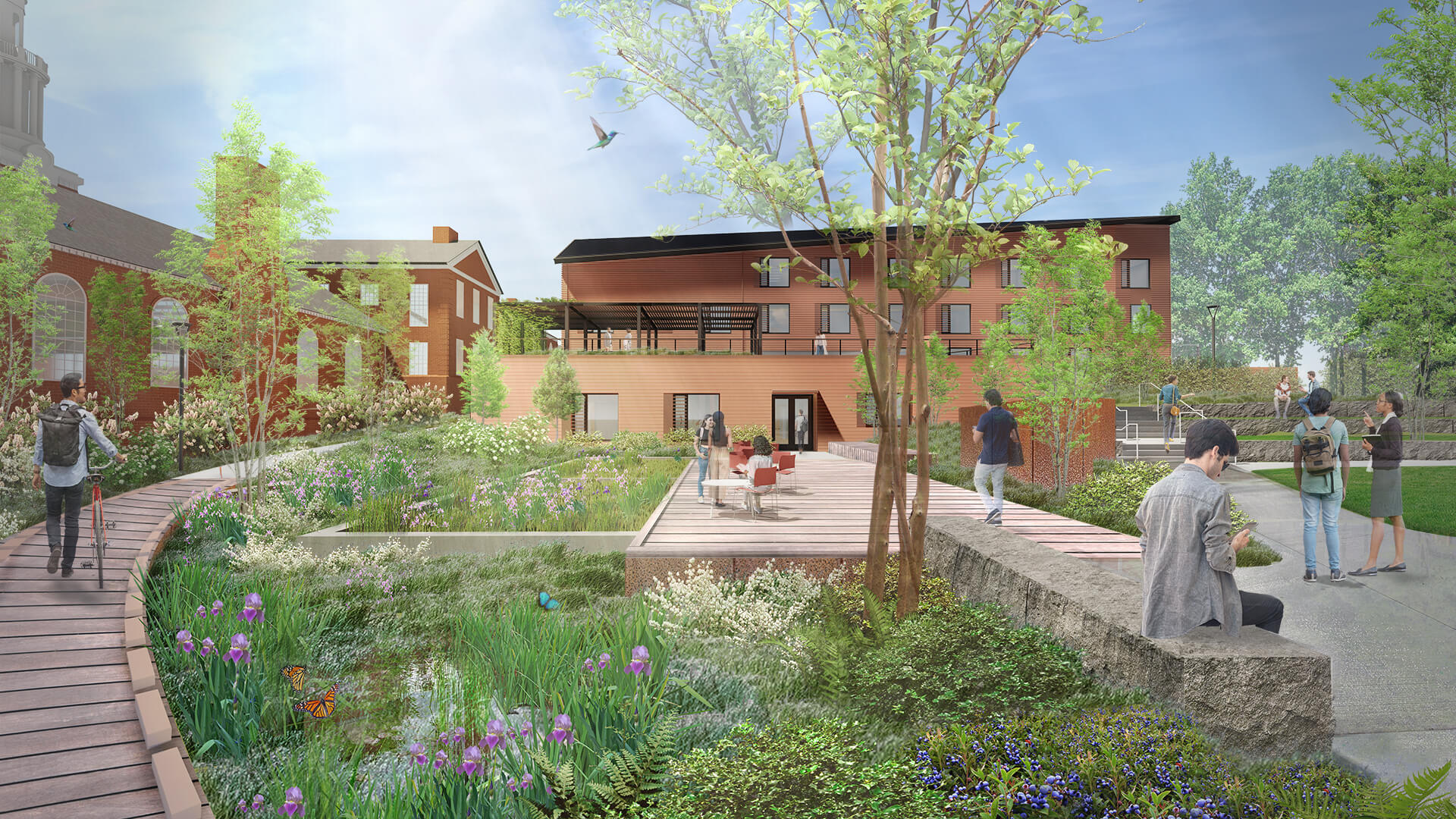 A computer rendering of a wooden walkway and seating area in the new Living Village area