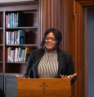 Shantel Miller speaking at exhibition opening reception